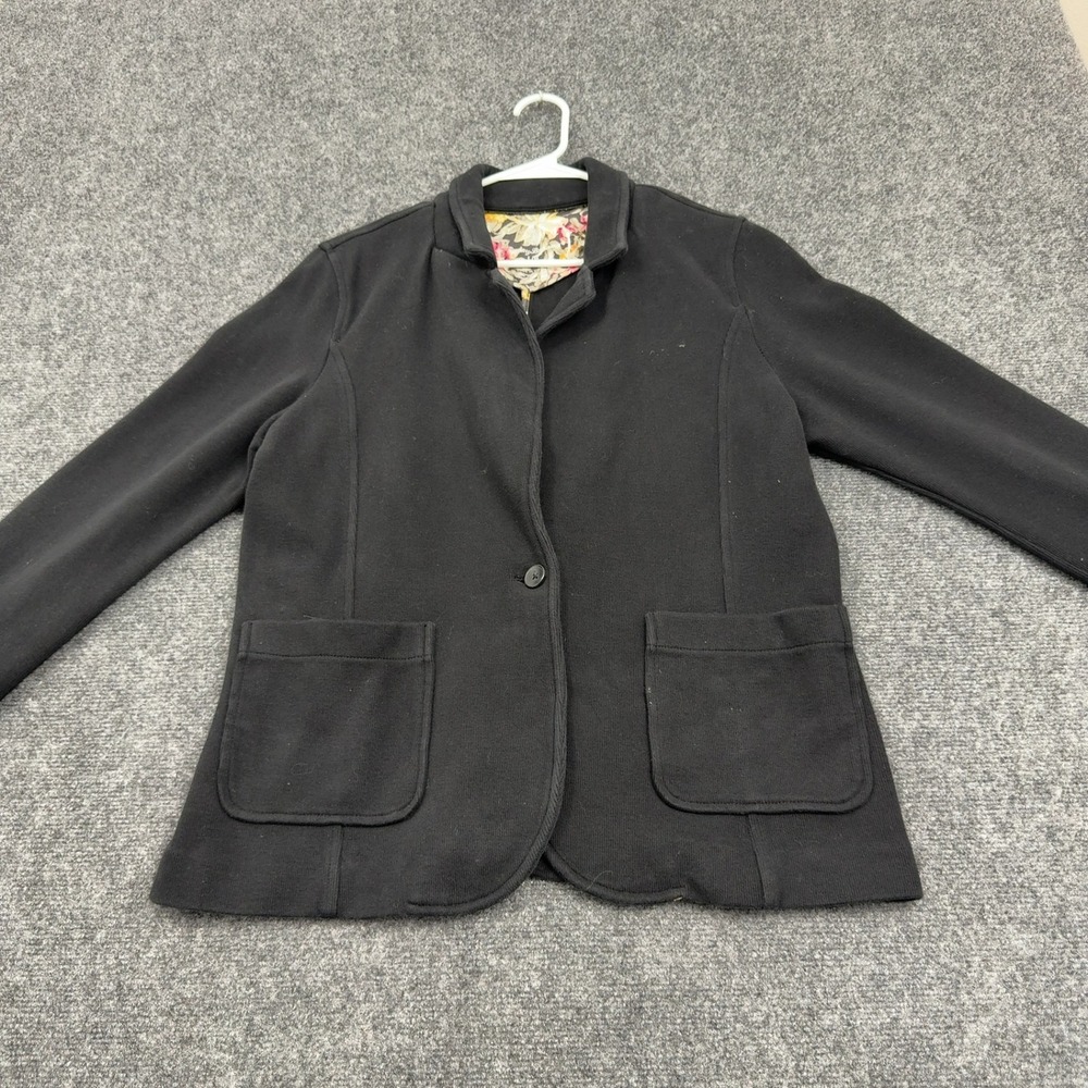 Tommy Bahama Blazer Women L Black Cotton Spandex Knit Floral Trim Casual Classic